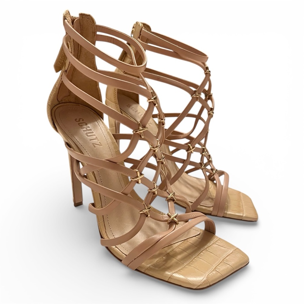 NWT SCHUTZ Saba Croc-Embossed Square Toe Tan Leather Cage Gold Stiletto Heel 9